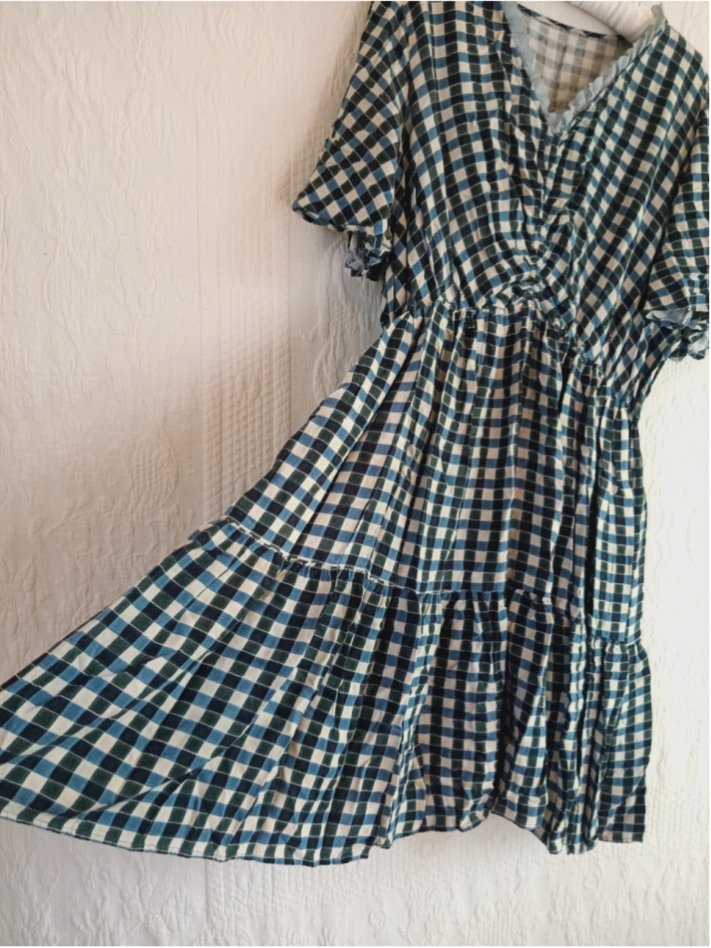 Gingham Check Dress Blue Green plaid cottagecore prairie Western ruffled tiered - Picture 8 of 12